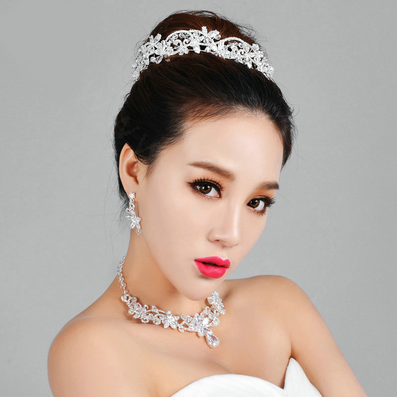 Luxury Wedding Jewelry Sets Crystal Beads Flower Tiara & Earrings & Bridal Zircon Statement Necklace