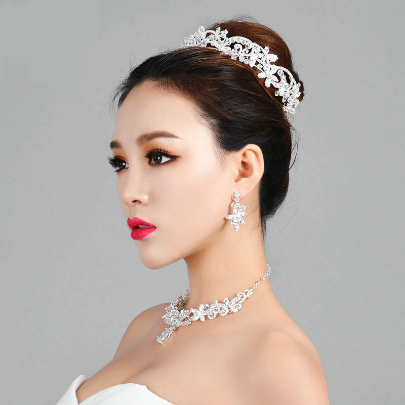 Luxury Wedding Jewelry Sets Crystal Beads Flower Tiara & Earrings & Bridal Zircon Statement Necklace