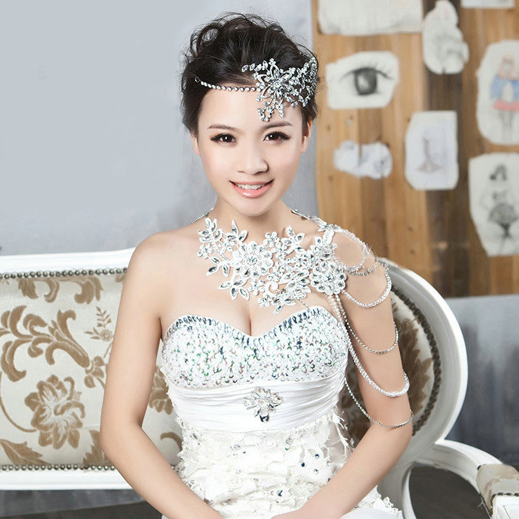Luxury Wedding Jewelry Sets Crystal Flower Tiara & Earrings & Bridal Lace Necklace Shoulder Accessories