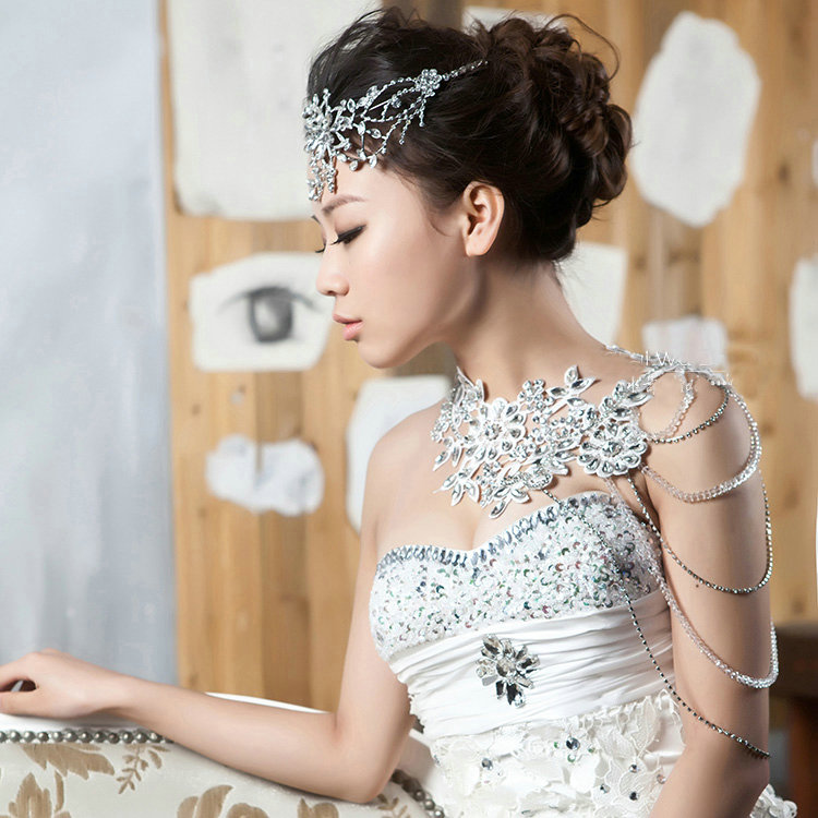 Luxury Wedding Jewelry Sets Crystal Flower Tiara & Earrings & Bridal Lace Necklace Shoulder Accessories