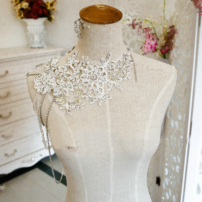 Luxury Wedding Jewelry Sets Crystal Flower Tiara & Earrings & Bridal Lace Necklace Shoulder Accessories