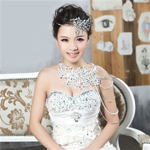 Luxury Wedding Jewelry Sets Crystal Flower Tiara & Earrings & Bridal Lace Necklace Shoulder Accessories