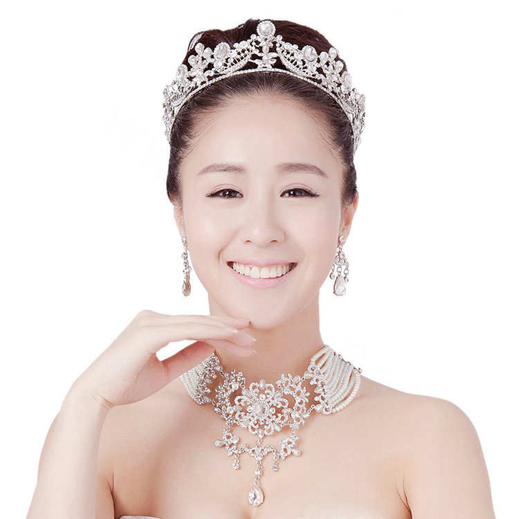Luxury Wedding Jewelry Sets Crystal Hollow Flower Tiara & Earrings & Bridal Multilayer Pearl Necklace