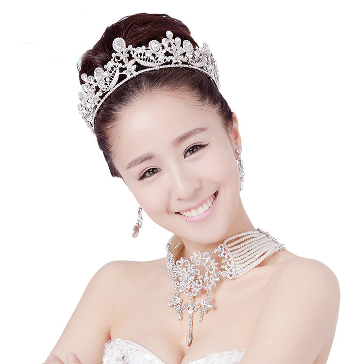 Luxury Wedding Jewelry Sets Crystal Hollow Flower Tiara & Earrings & Bridal Multilayer Pearl Necklace