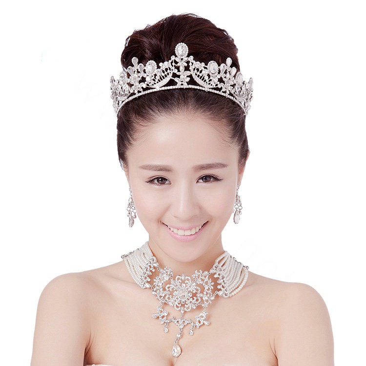 Luxury Wedding Jewelry Sets Crystal Hollow Flower Tiara & Earrings & Bridal Multilayer Pearl Necklace