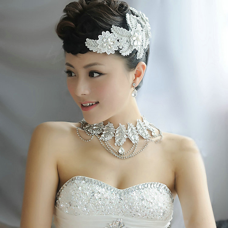 Luxury Wedding Jewelry Sets Crystal Lace Flower Headdress & Earrings & Bridal Rhinestone Necklace