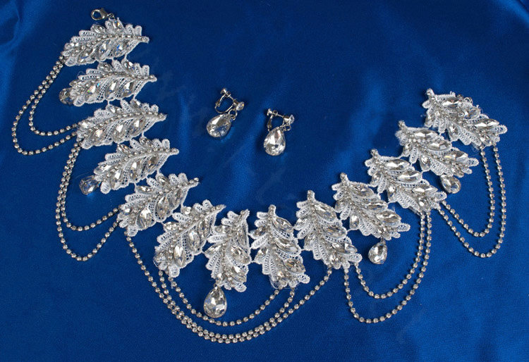 Luxury Wedding Jewelry Sets Crystal Lace Flower Headdress & Earrings & Bridal Rhinestone Necklace