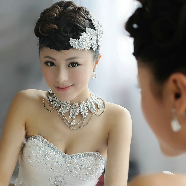 Luxury Wedding Jewelry Sets Crystal Lace Flower Headdress & Earrings & Bridal Rhinestone Necklace