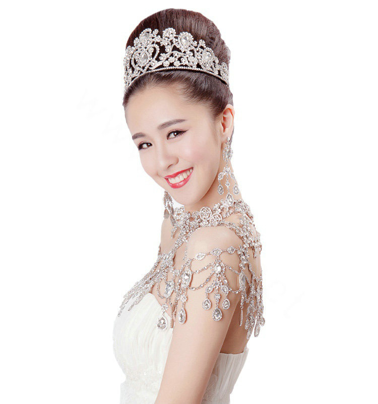 Luxury Wedding Jewelry Sets Earrings & Bridal Crystal Flower Tassel Necklace Shoulder Accessories
