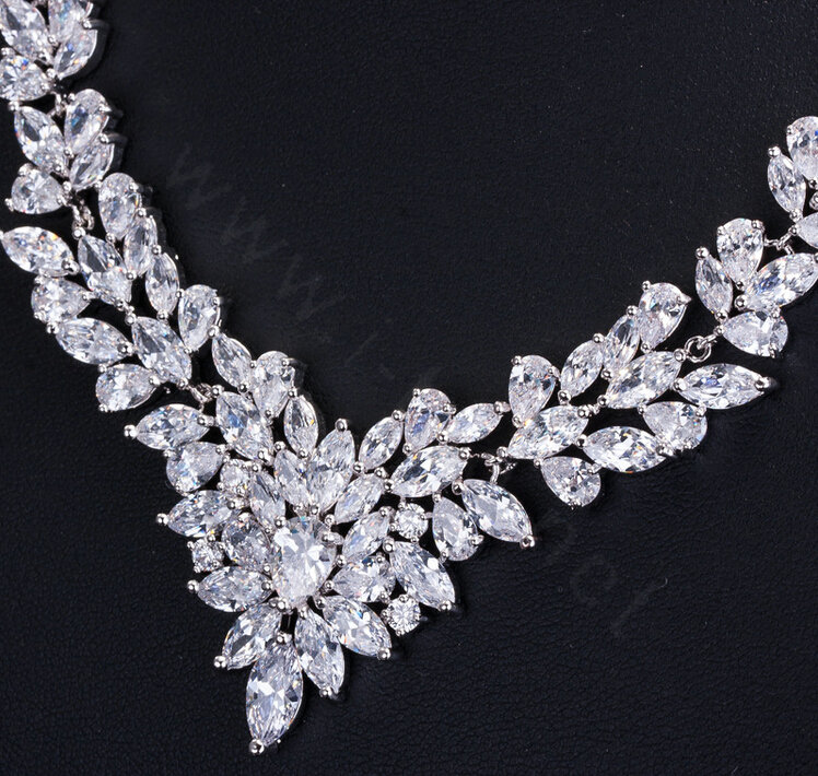 Luxury Wedding Jewelry Sets Including 1 Pair Flower Stud Earrings & Bridal Zircon Statement Necklace