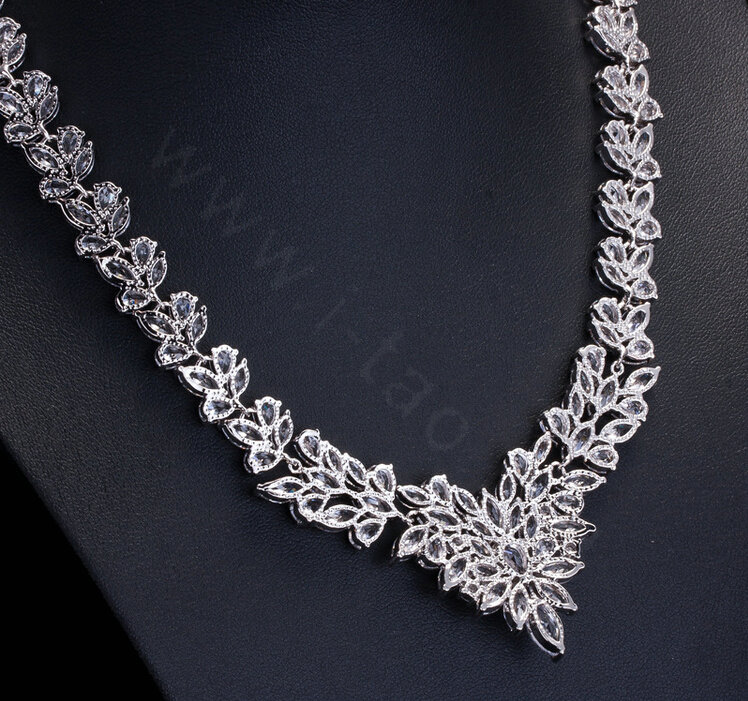 Luxury Wedding Jewelry Sets Including 1 Pair Flower Stud Earrings & Bridal Zircon Statement Necklace