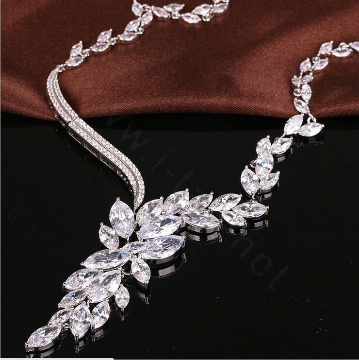Luxury Wedding Jewelry Sets Lucky Flower vine Stud Earrings & Bridal Diamond Zircon Statement Necklace