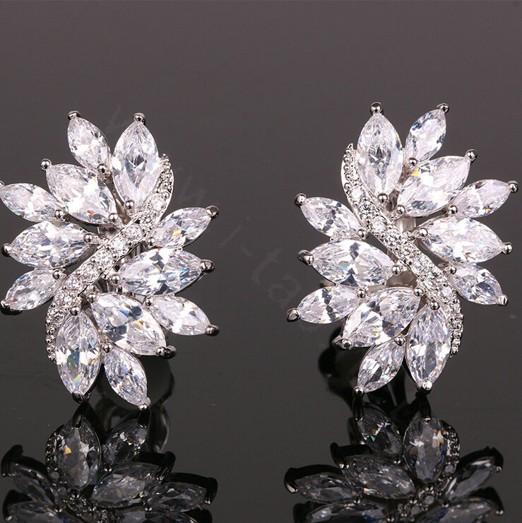 Luxury Wedding Jewelry Sets Lucky Flower vine Stud Earrings & Bridal Diamond Zircon Statement Necklace
