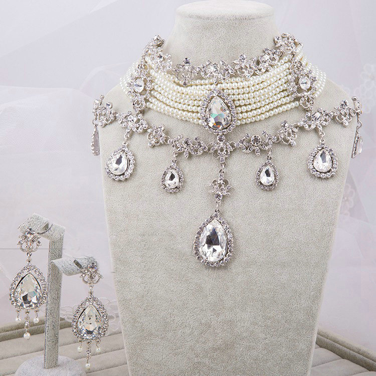 Luxury Wedding Jewelry Sets Multilayer Pearl Tassel Crystal Flower Tiara & Earrings & Bridal Necklace
