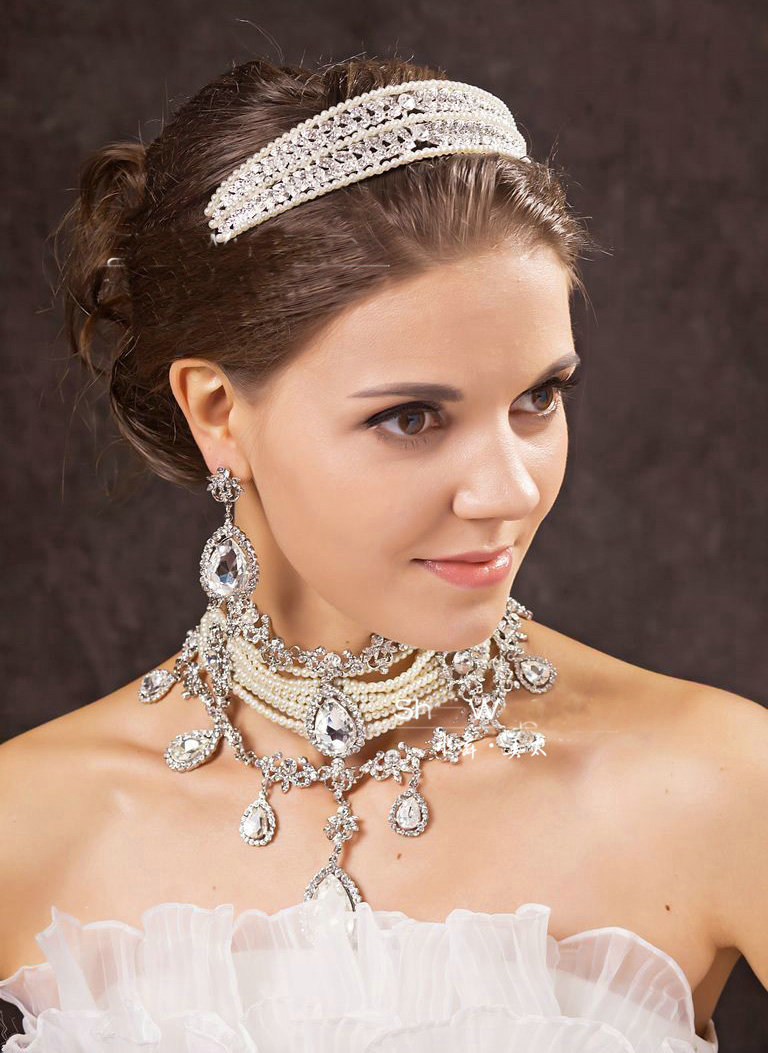 Luxury Wedding Jewelry Sets Multilayer Pearl Tassel Crystal Flower Tiara & Earrings & Bridal Necklace