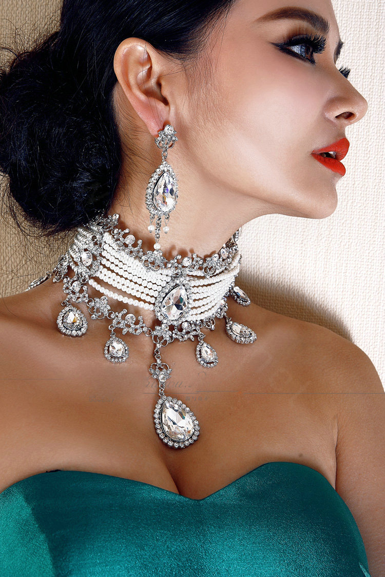 Luxury Wedding Jewelry Sets Multilayer Pearl Tassel Crystal Flower Tiara & Earrings & Bridal Necklace