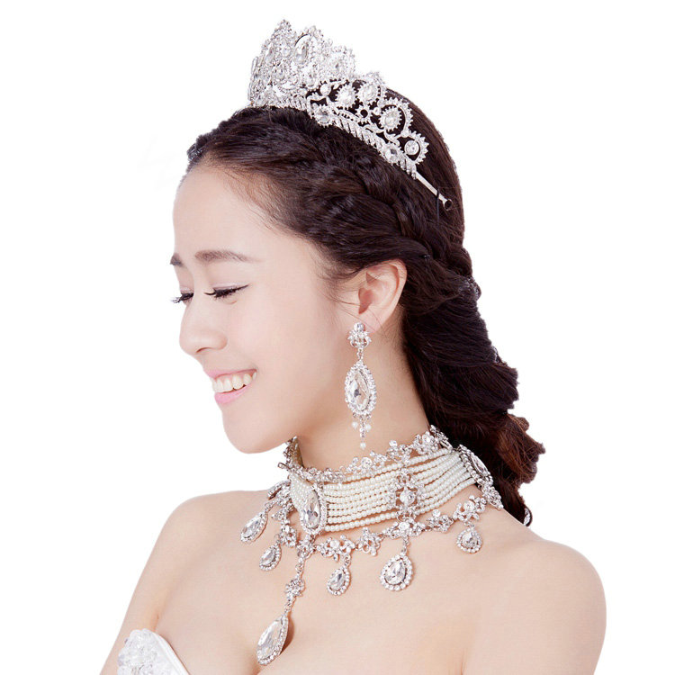 Luxury Wedding Jewelry Sets Multilayer Pearl Tassel Crystal Flower Tiara & Earrings & Bridal Necklace