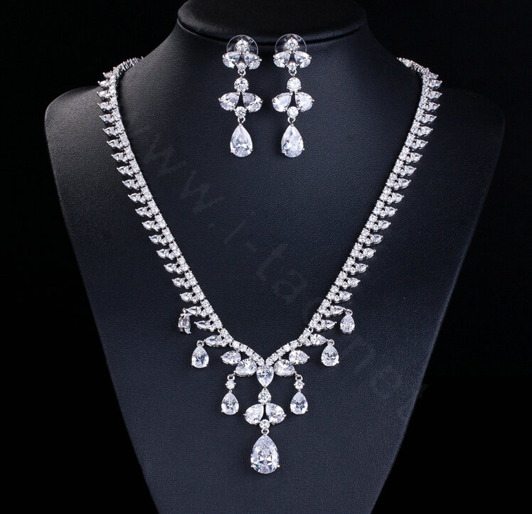 Luxury Wedding Jewelry Sets Water-drop Stud Earrings & Bridal Diamond Zircon Statement Necklace