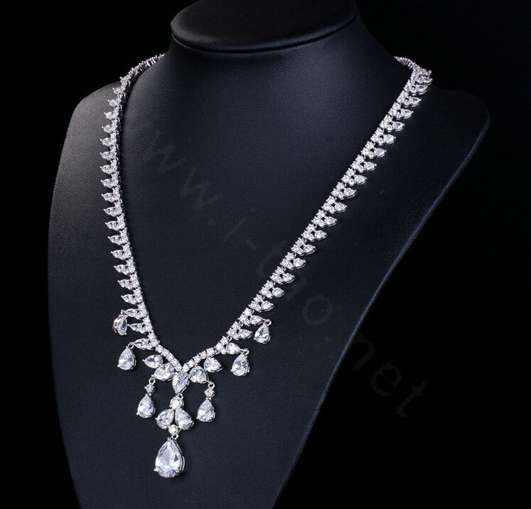 Luxury Wedding Jewelry Sets Water-drop Stud Earrings & Bridal Diamond Zircon Statement Necklace