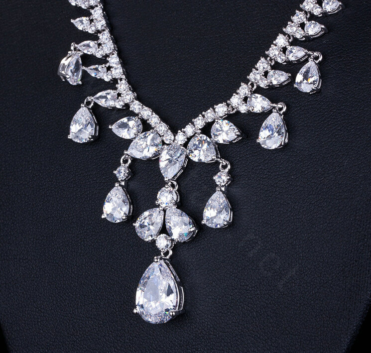 Luxury Wedding Jewelry Sets Water-drop Stud Earrings & Bridal Diamond Zircon Statement Necklace