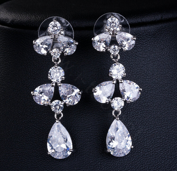 Luxury Wedding Jewelry Sets Water-drop Stud Earrings & Bridal Diamond Zircon Statement Necklace