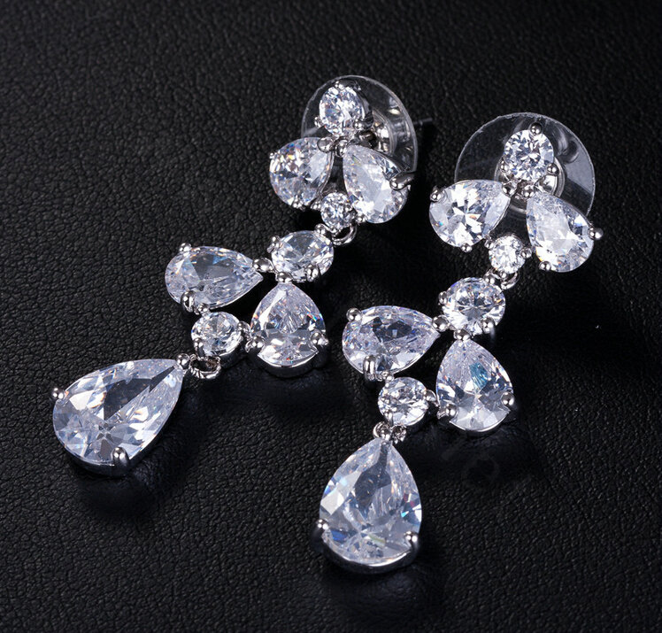 Luxury Wedding Jewelry Sets Water-drop Stud Earrings & Bridal Diamond Zircon Statement Necklace
