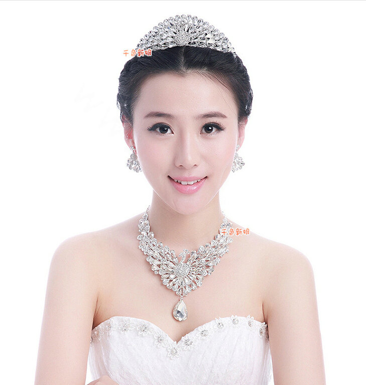 Luxury Wedding Jewelry Sets for Bridal Crystal Peacock Tiara & Earrings & Rhinestone Necklace