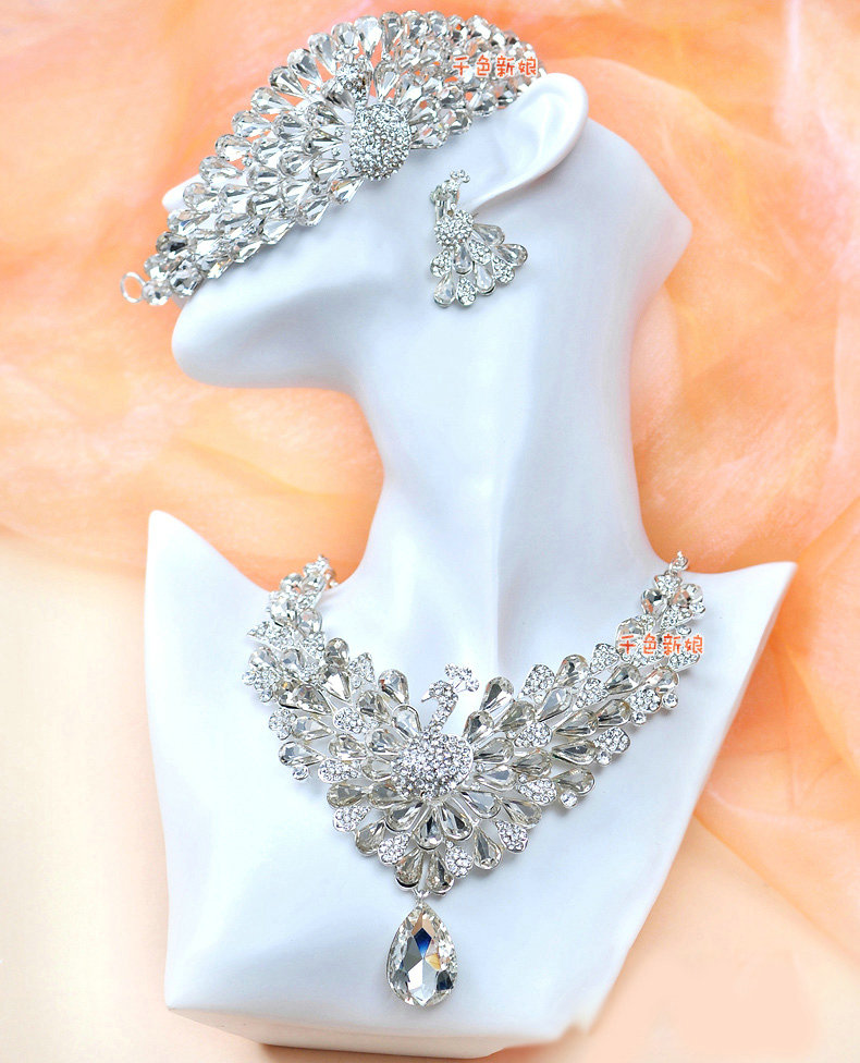 Luxury Wedding Jewelry Sets for Bridal Crystal Peacock Tiara & Earrings & Rhinestone Necklace