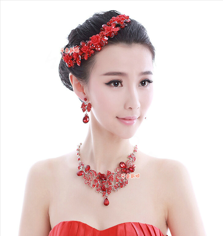 Luxury Wedding Jewelry Sets for Bridal Red Crystal Flower Tiara & Earrings & Butterfly Necklace