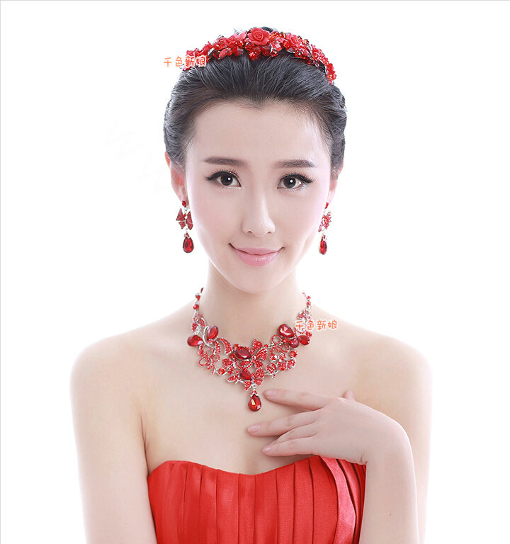 Luxury Wedding Jewelry Sets for Bridal Red Crystal Flower Tiara & Earrings & Butterfly Necklace