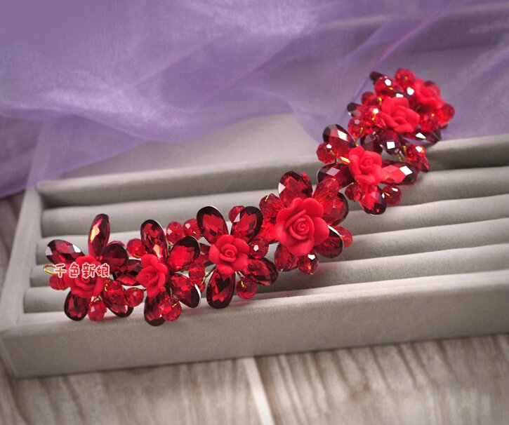 Luxury Wedding Jewelry Sets for Bridal Red Crystal Flower Tiara & Earrings & Butterfly Necklace