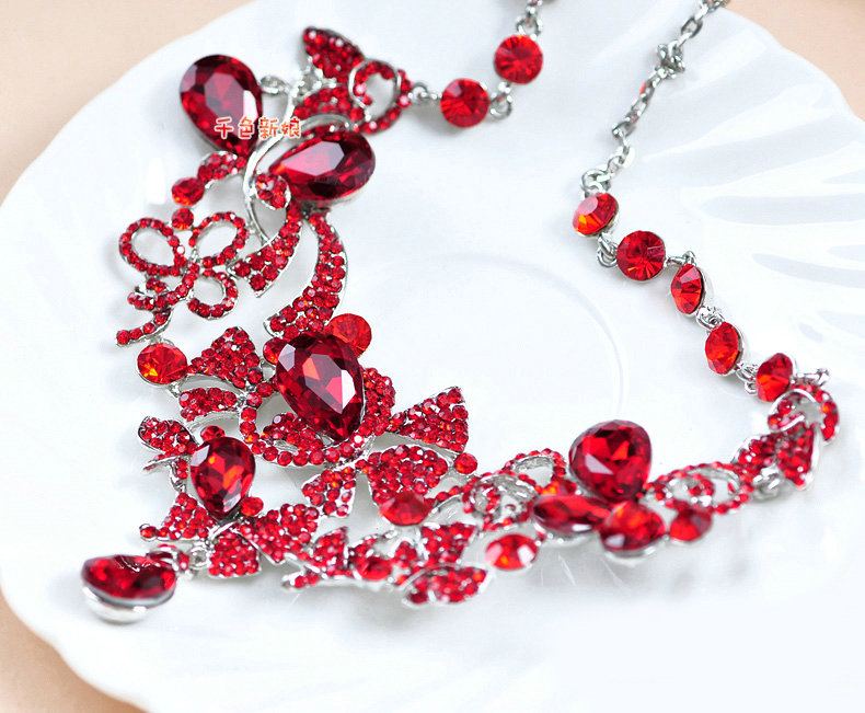 Luxury Wedding Jewelry Sets for Bridal Red Crystal Flower Tiara & Earrings & Butterfly Necklace