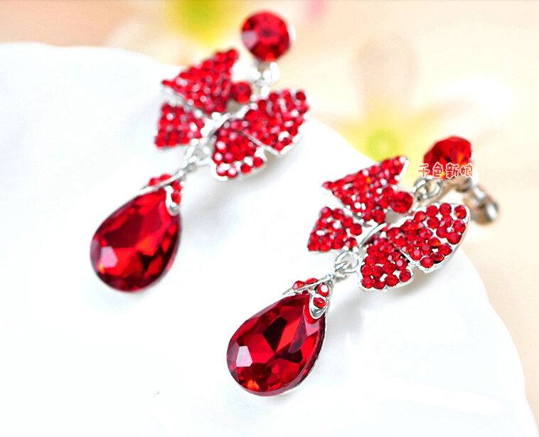 Luxury Wedding Jewelry Sets for Bridal Red Crystal Flower Tiara & Earrings & Butterfly Necklace