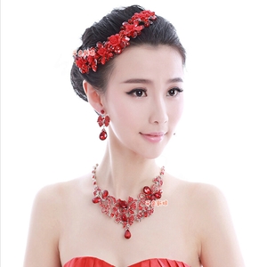 Luxury Wedding Jewelry Sets for Bridal Red Crystal Flower Tiara & Earrings & Butterfly Necklace