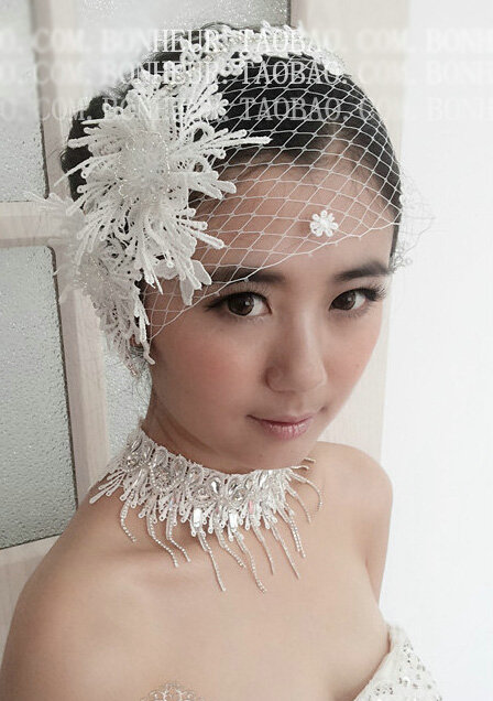New High Quality Mesh Hairwear Crystal beads Lace Flower Bridal Hair Headband Wedding Hair Accessories