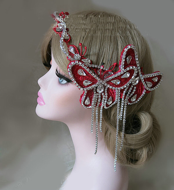 New Unique Crystal Tassel Hairwear Bridal Red Lace Butterfly Hair Headband Wedding Hair Accessories