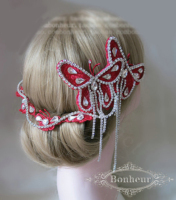 New Unique Crystal Tassel Hairwear Bridal Red Lace Butterfly Hair Headband Wedding Hair Accessories