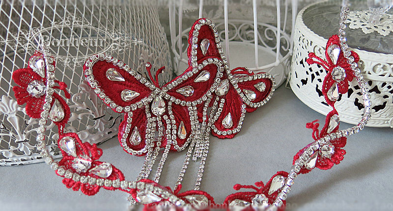 New Unique Crystal Tassel Hairwear Bridal Red Lace Butterfly Hair Headband Wedding Hair Accessories