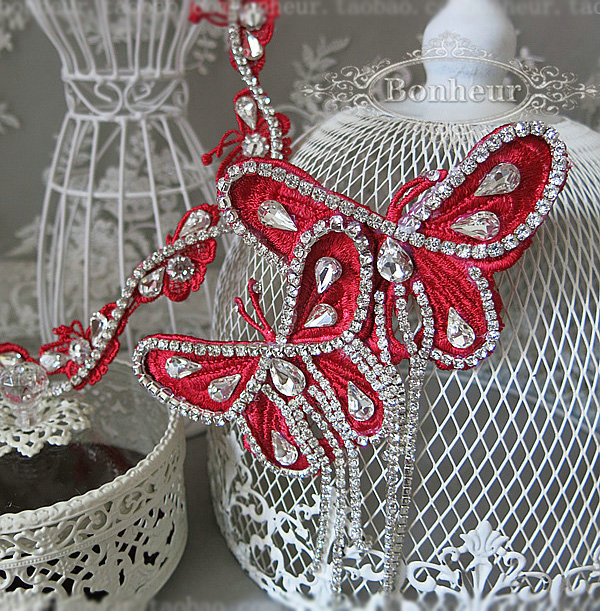 New Unique Crystal Tassel Hairwear Bridal Red Lace Butterfly Hair Headband Wedding Hair Accessories