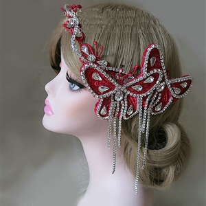 New Unique Crystal Tassel Hairwear Bridal Red Lace Butterfly Hair Headband Wedding Hair Accessories