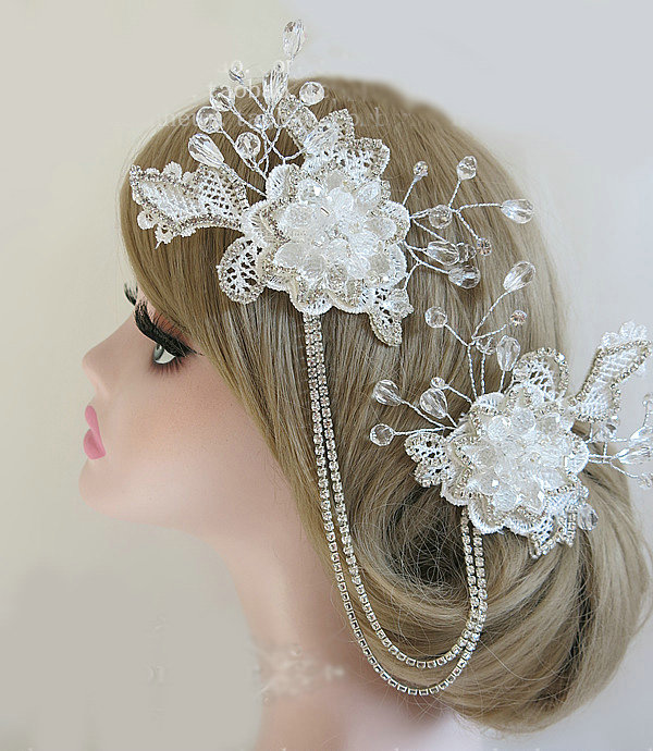 New Unique Crystal beads Hairwear Bridal Lace Flower Hair Headband Wedding Hair Accessories