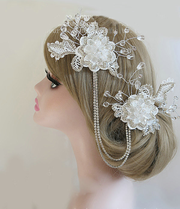 New Unique Crystal beads Hairwear Bridal Lace Flower Hair Headband Wedding Hair Accessories