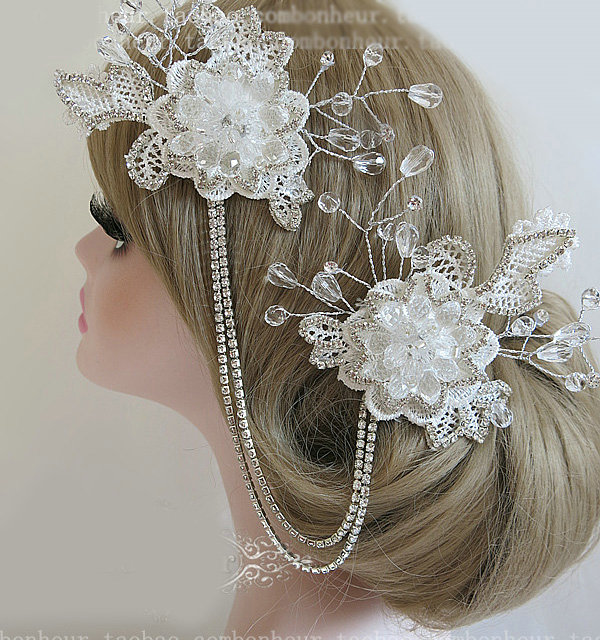 New Unique Crystal beads Hairwear Bridal Lace Flower Hair Headband Wedding Hair Accessories