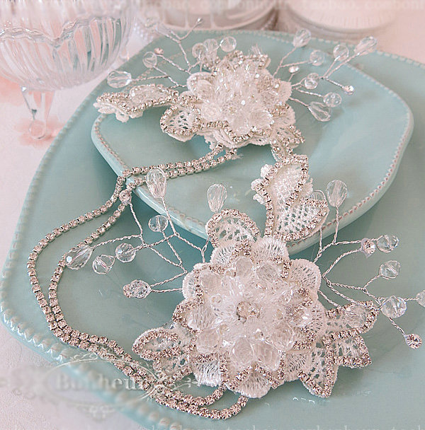 New Unique Crystal beads Hairwear Bridal Lace Flower Hair Headband Wedding Hair Accessories