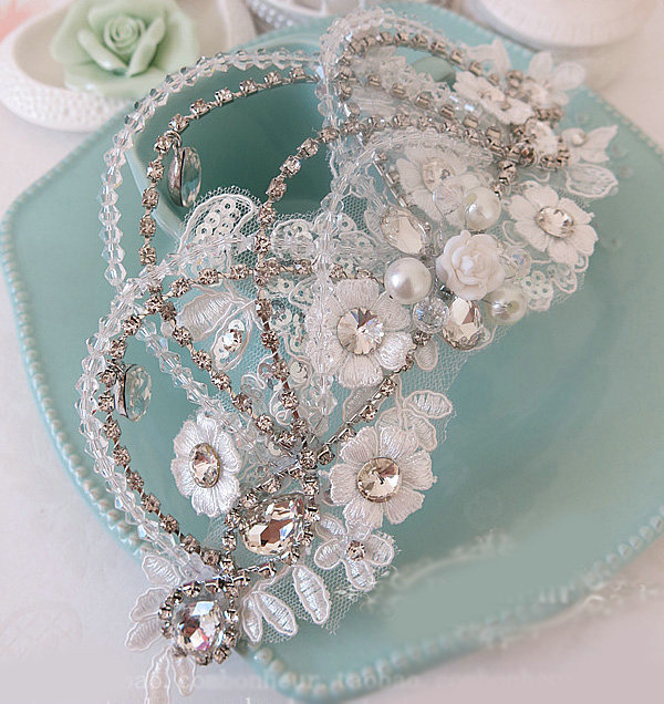 New Unique Crystal beads Hairwear Bridal Pearl Lace Flower Hair Headband Wedding Hair Accessories