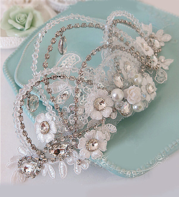 New Unique Crystal beads Hairwear Bridal Pearl Lace Flower Hair Headband Wedding Hair Accessories