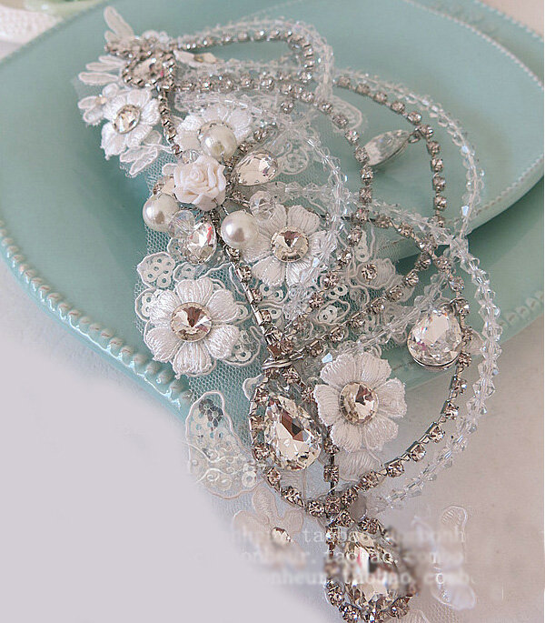 New Unique Crystal beads Hairwear Bridal Pearl Lace Flower Hair Headband Wedding Hair Accessories
