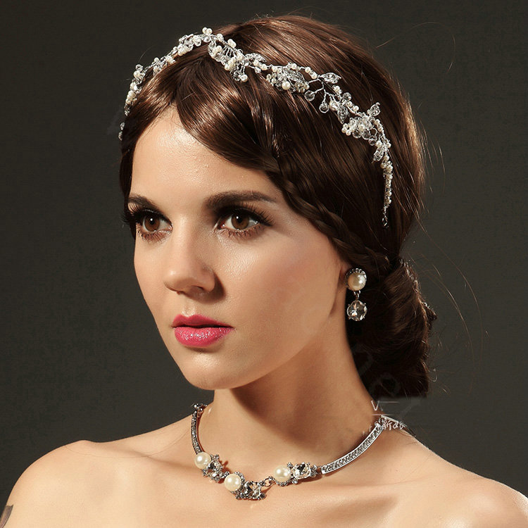 Retro Wedding Jewelry Flower Pearl Crystal Beads Tiaras Bridal Rhinestone Hair Headband Accessories