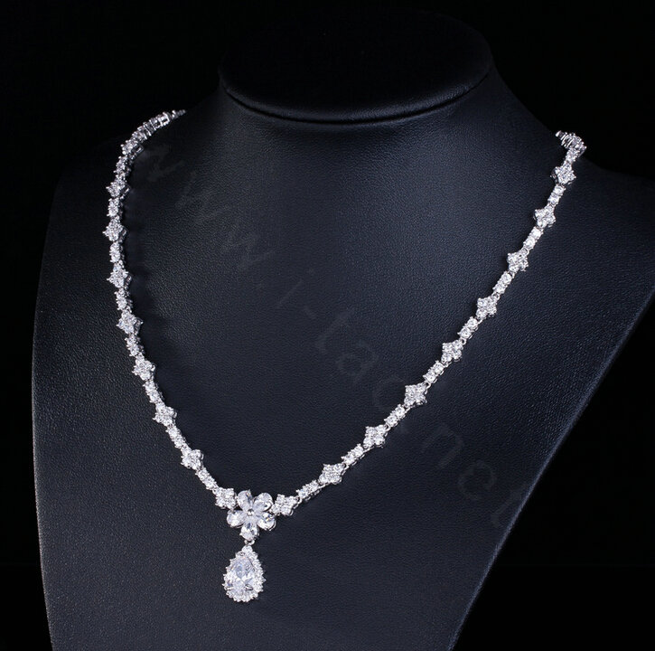 Simple Banquet Wedding Jewelry Sets Flower Water-drop Diamond Earrings & Bridal Zircon Necklace