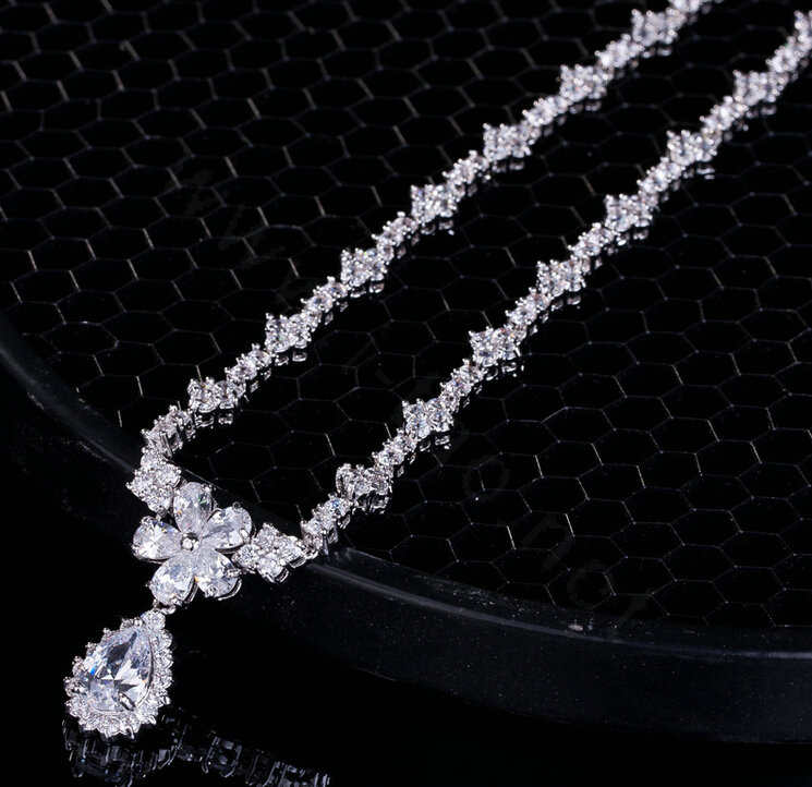 Simple Banquet Wedding Jewelry Sets Flower Water-drop Diamond Earrings & Bridal Zircon Necklace